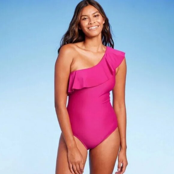 Women's Ruffle One Shoulder Full Coverage One Piece Swimsuit - Kona Sol L 12-14 - Picture 1 of 6